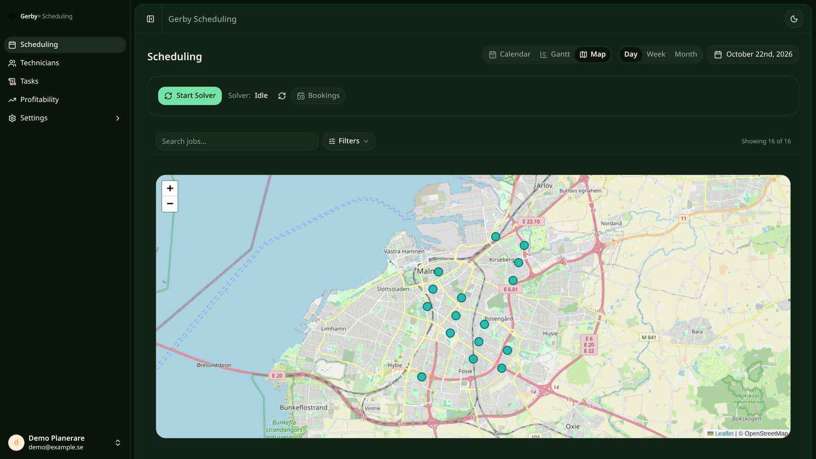 Gerbys planeringsvy med karta över Malmö och 16 markerade VVS-jobb (demodata)